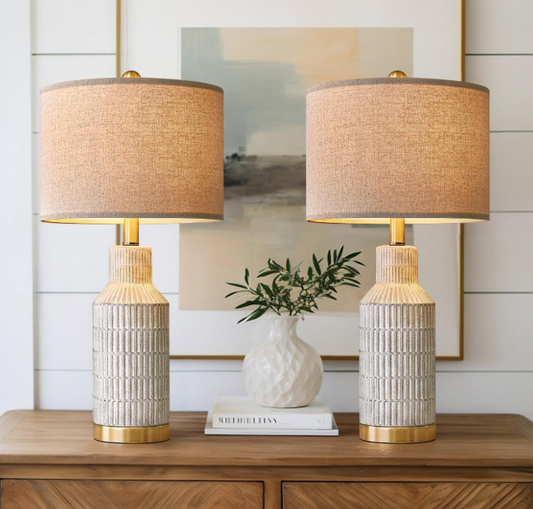 Furniturre 25" Modern Table Lamps Set of 2 White Washed Ceramic