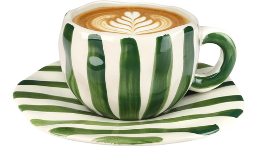 Furniturre 12 oz Ceramic Coffee Mug with Saucer Hand-Painted Striped Porcelain Cup Green