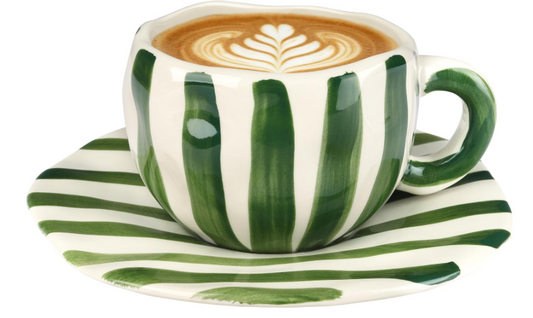 Furniturre 12 oz Ceramic Coffee Mug with Saucer Hand-Painted Striped Porcelain Cup Green