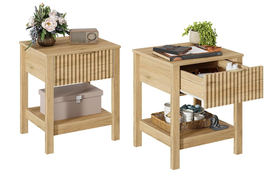 Furniturre Fluted Nightstand Set of 2 with Drawer and Open Shelf