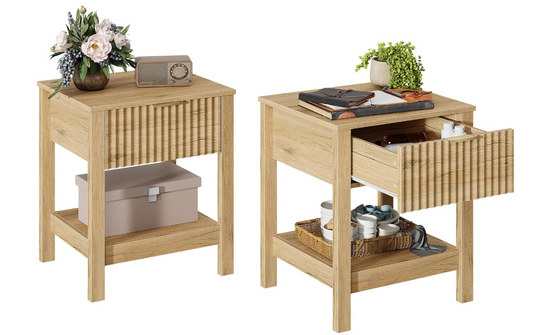 Furniturre Fluted Nightstand Set of 2 with Drawer and Open Shelf