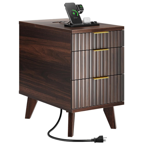 Furniturre 13" W Fluted Narrow End Table with 3 Drawers Dark Walnut